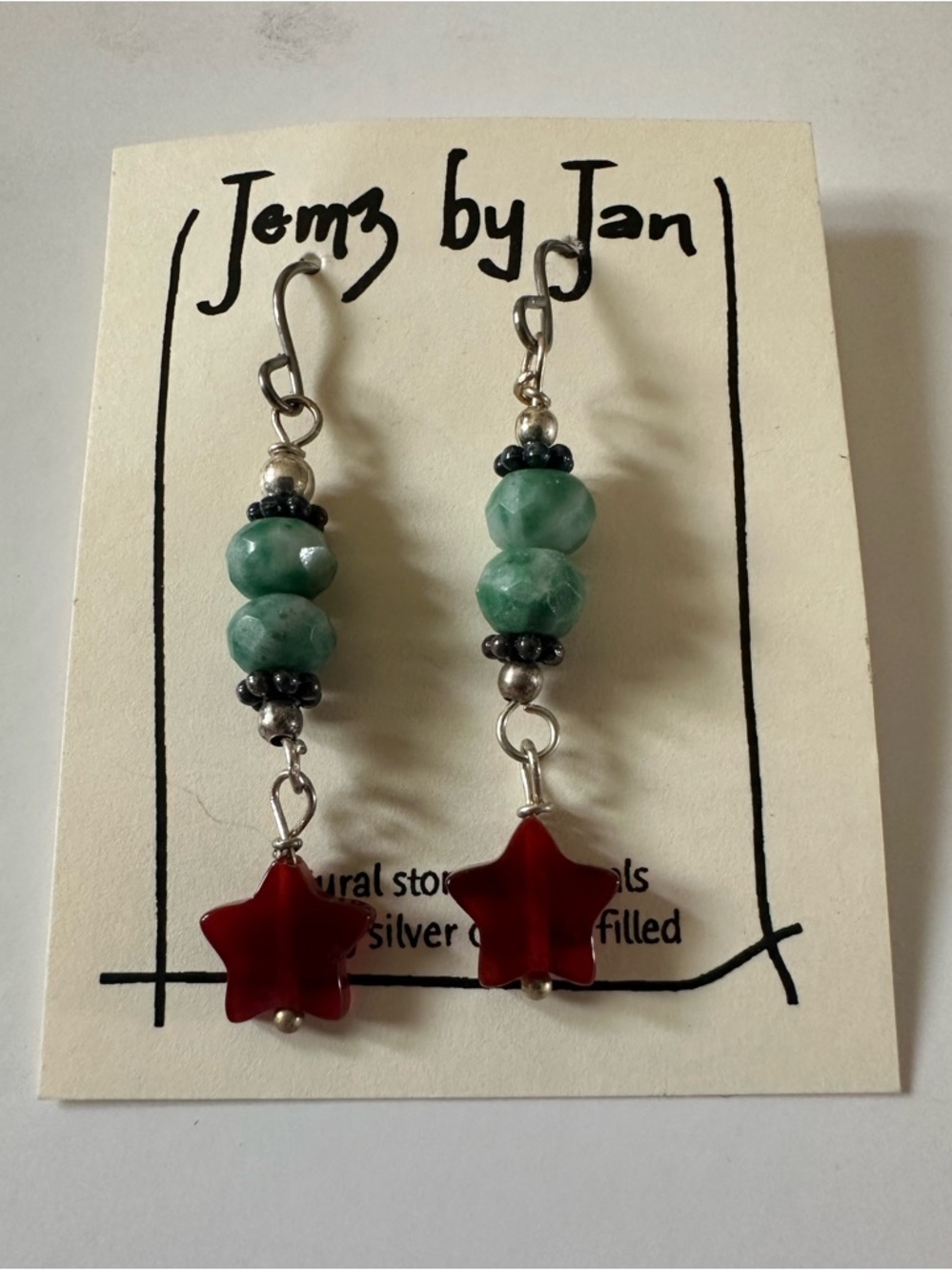 Green Bead & Red Star Drop Earrings